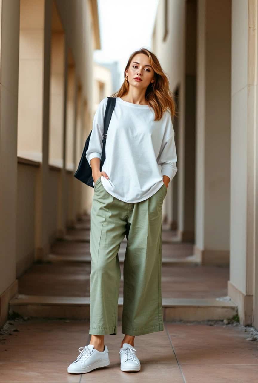 Look casual con t-shirt bianca oversize, pantaloni culotte verde salvia e sneakers, outfit comodo per esame di maturità