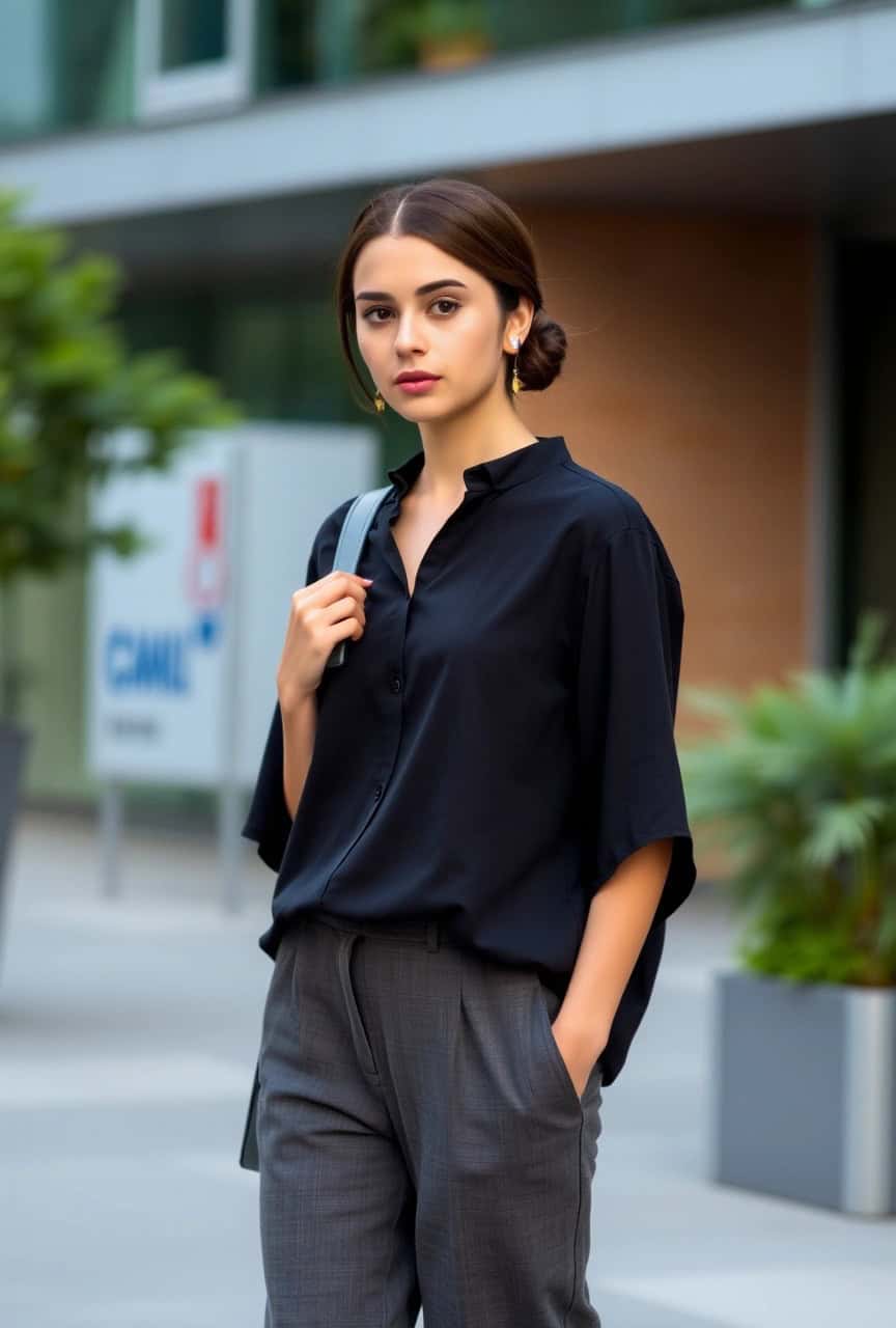 Abbigliamento minimal per esame di maturità, con blusa nera e pantaloni culotte grigi, look sobrio e moderno