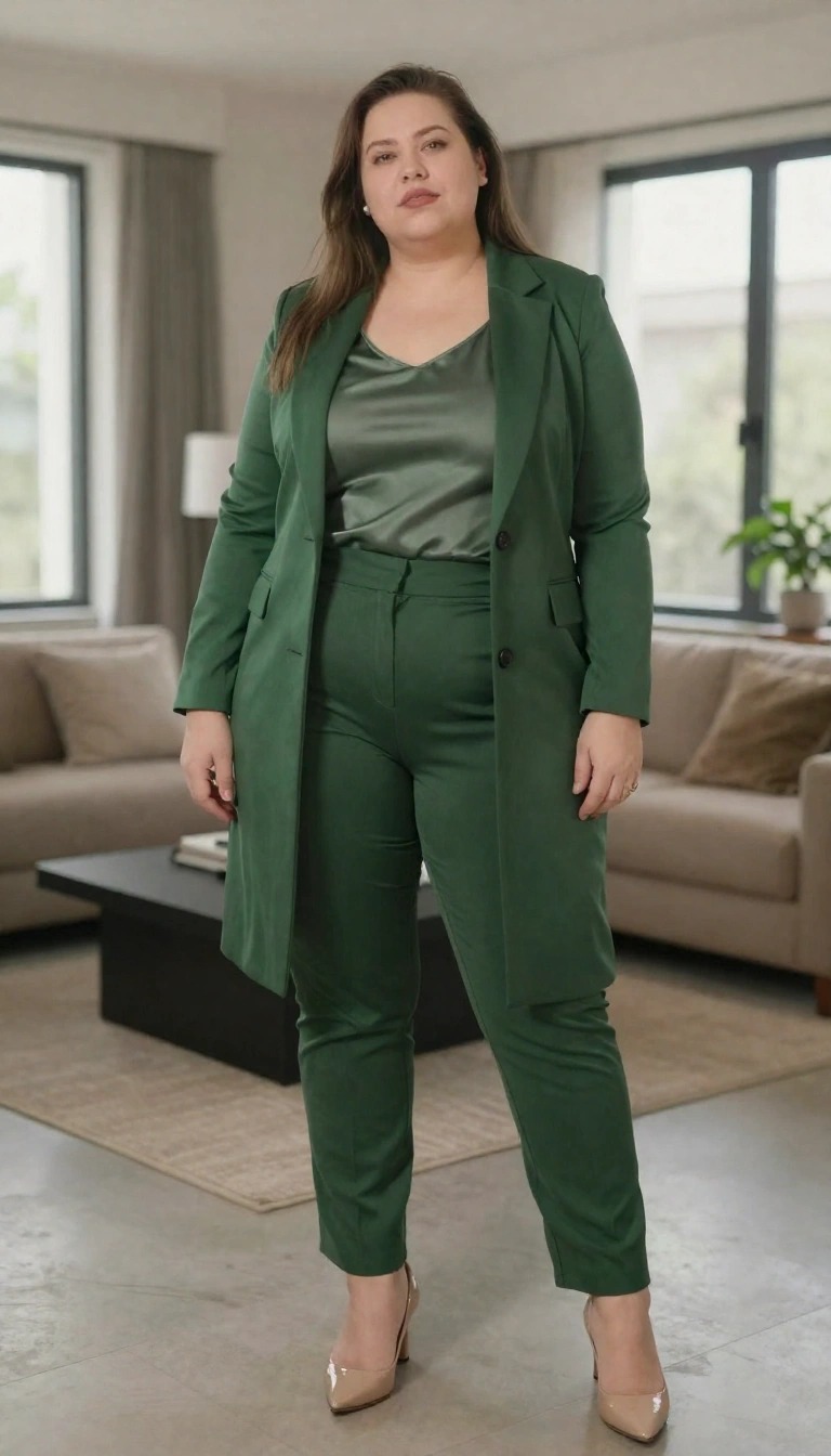 Tailleur elegante curvy verde foresta con blazer lungo, top in seta tono su tono e décolleté a punta nude per slanciare la figura.