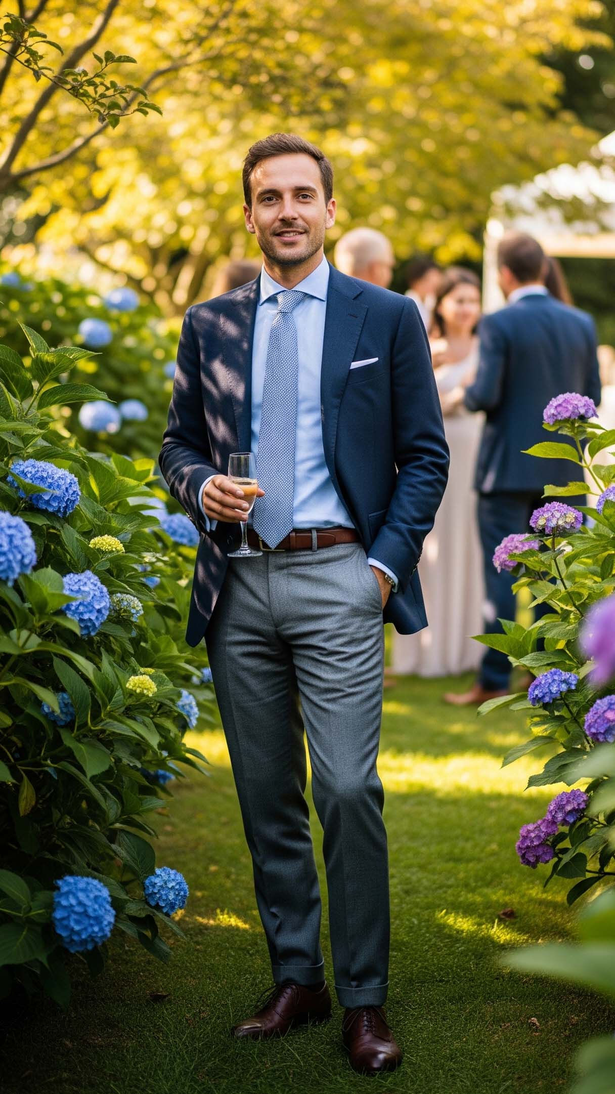 Uomo invitato a un matrimonio a settembre indossa uno spezzato elegante con blazer blu e pantalone grigio in un giardino.

