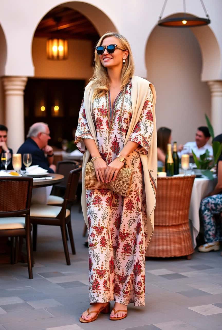 Donna in riad con caftano floreale, clutch di paglia e occhiali scuri – look da sera elegante in stile marocchino.


