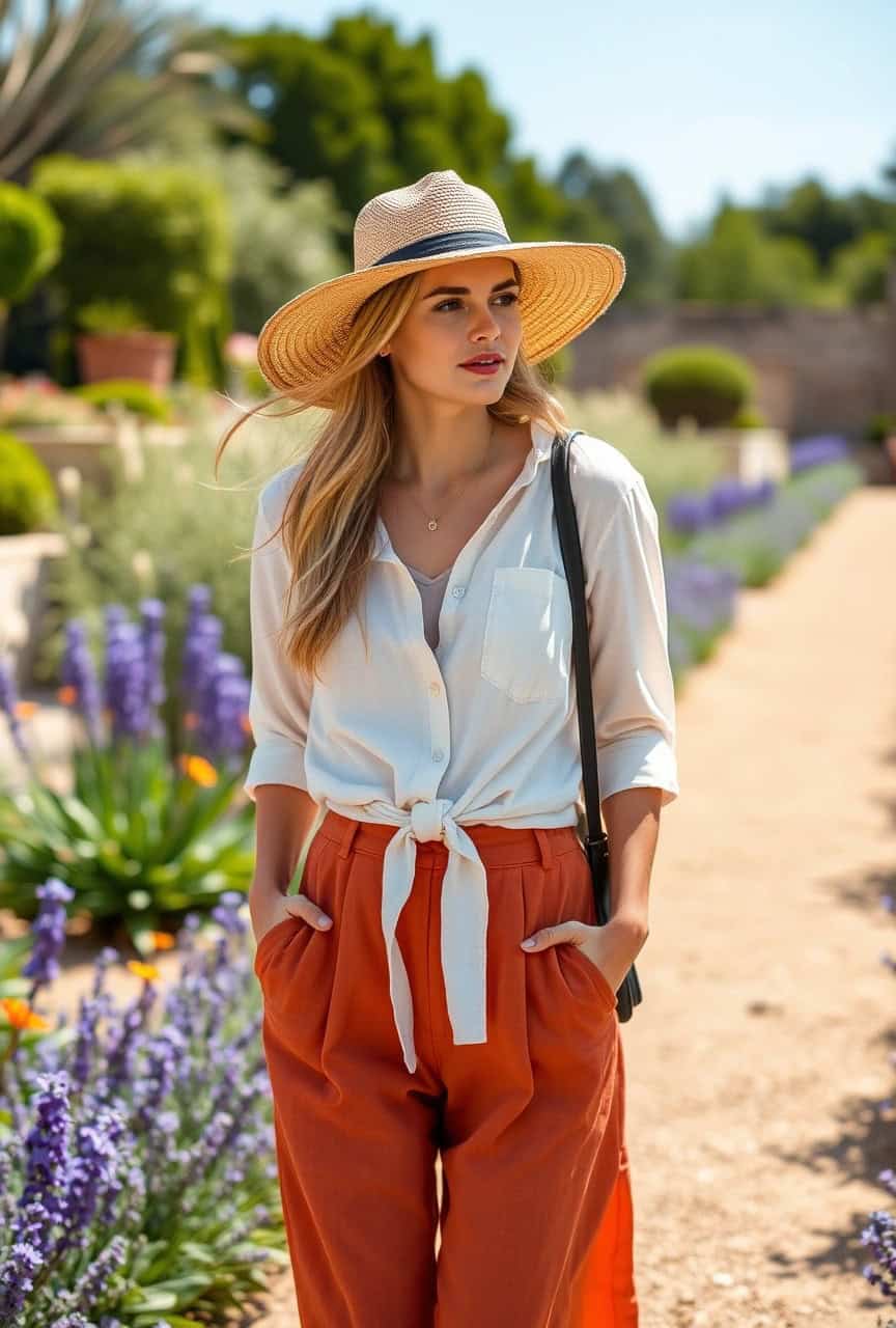 Donna nei giardini con cappello di paglia, camicia bianca e pantaloni arancioni – outfit ideale per esplorare Marrakech con stile.

