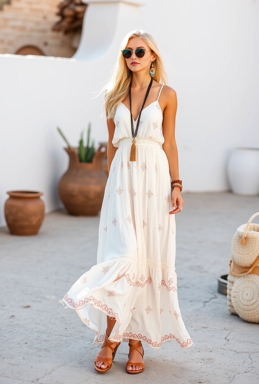 Donna con maxi dress bianco boho e accessori etnici