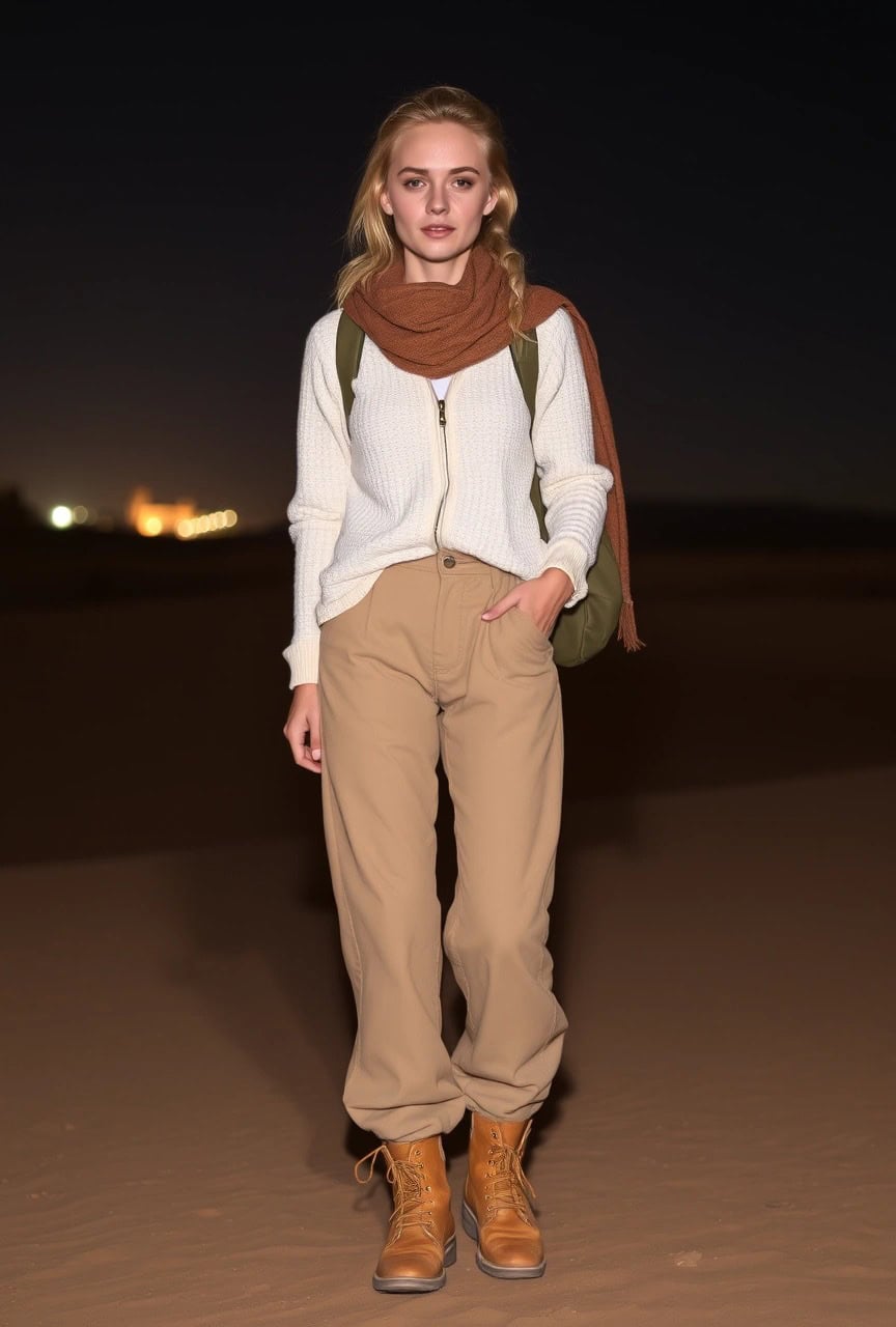 Donna nel deserto di Marrakech di sera con abbigliamento a strati: felpa bianca con zip, pantaloni color sabbia, sciarpa marrone in lana e scarponcini stringati.

