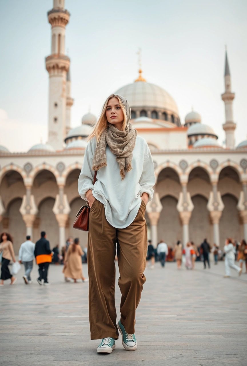 Donna davanti a una moschea con tunica chiara, pantaloni ampi marroni e foulard beige – abbigliamento adatto per visite culturali a Marrakech.

