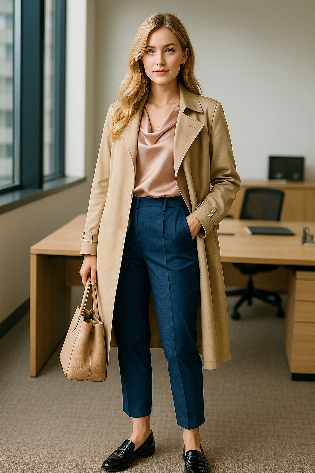 Come abbinare i pantaloni blu 5 Outfit business chic con pantaloni blu a sigaretta, blusa satinata color cipria, trench beige lungo, mocassini neri lucidi e borsa da ufficio color nude – perfetto look elegante con pantalone blu per l’ufficio.