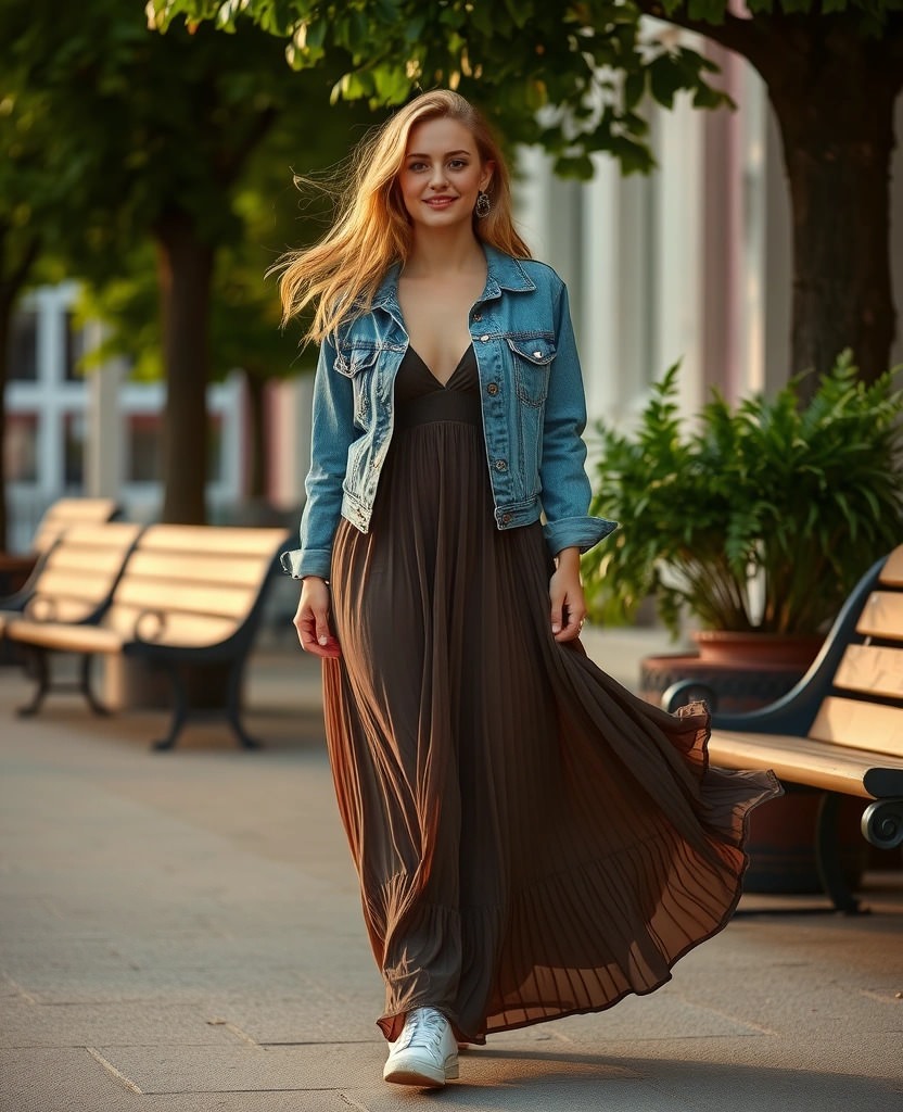 Look estivo a Copenaghen: abito lungo marrone, giacca di jeans e sneakers bianche. Idee su come vestirsi a Copenaghen per un outfit pratico e chic