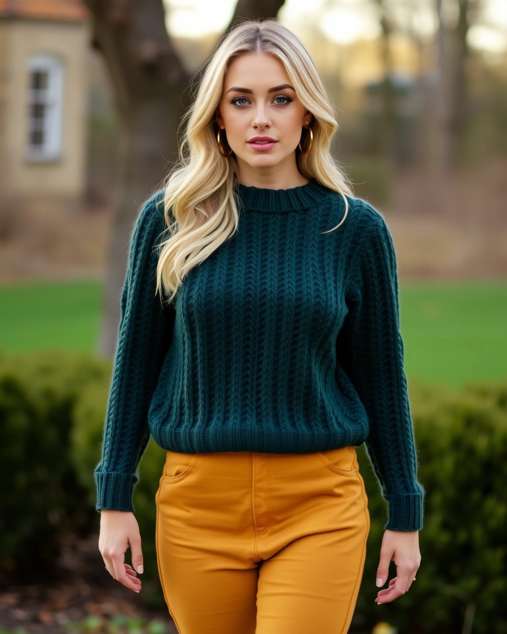 Quali colori si abbinano al verde 5 Donna con maglione verde bosco lavorato a maglia, pantaloni a vita alta giallo senape, orecchini a cerchio dorati e capelli biondi mossi, outfit femminile audace e autunnale perfetto per look energici e di tendenza.
