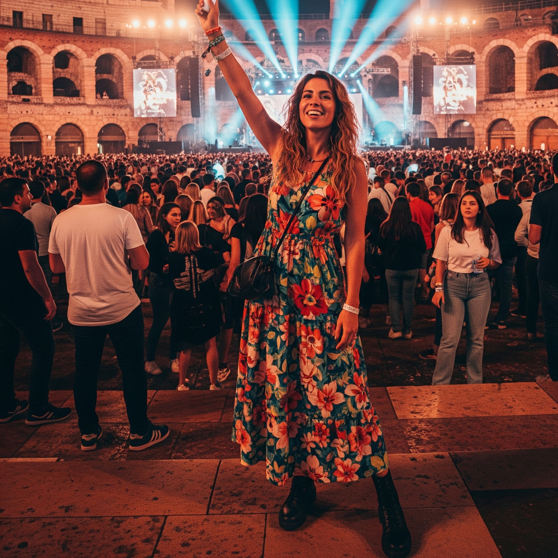 Una ragazza sorridente con un maxi dress a fantasia e anfibi alza un light stick durante un concerto pop all'Arena di Verona, immersa tra la folla e le luci del palco.

