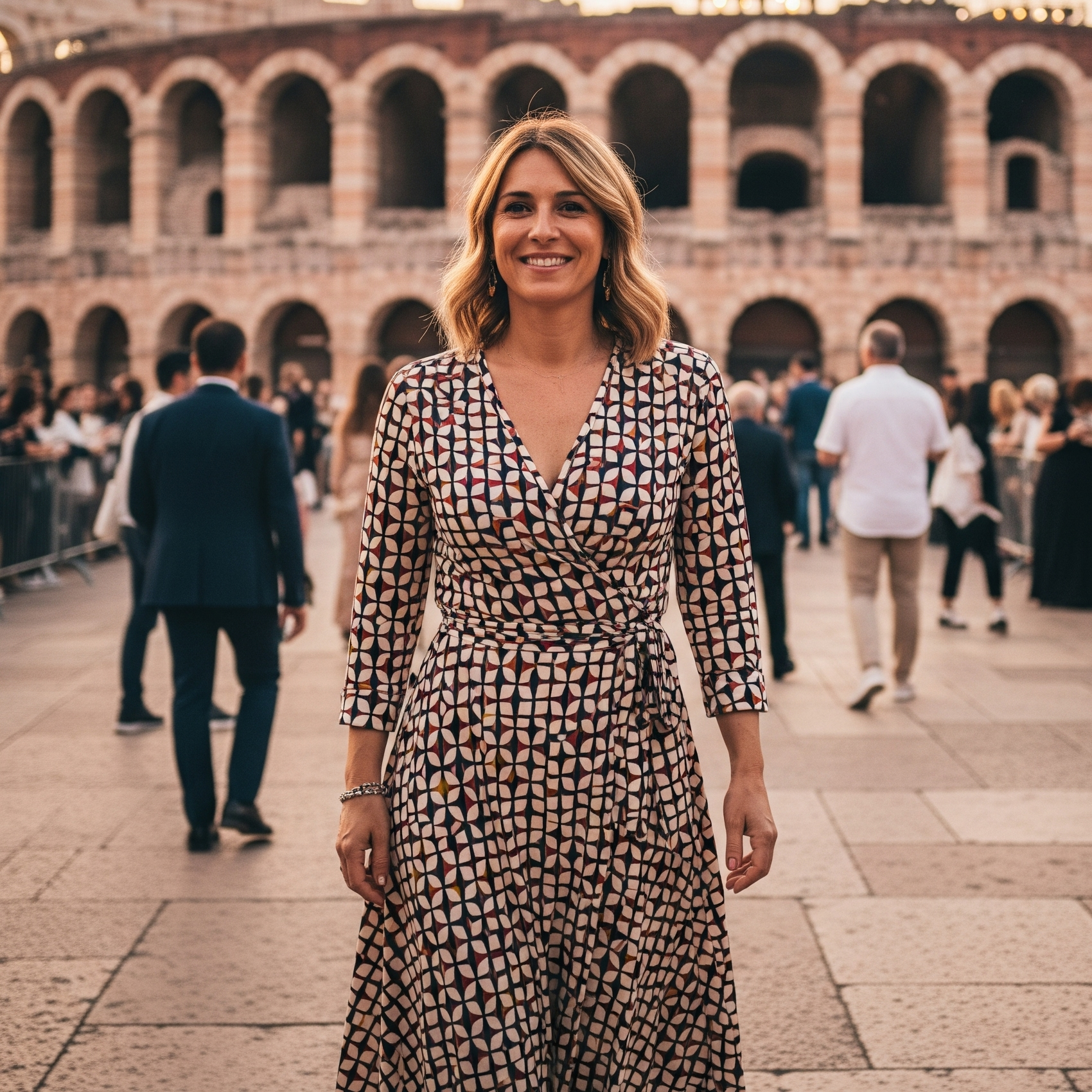 Una donna sorridente con i capelli biondi indossa un abito a portafoglio con fantasia geometrica, mentre partecipa a un evento serale all'Arena di Verona.


