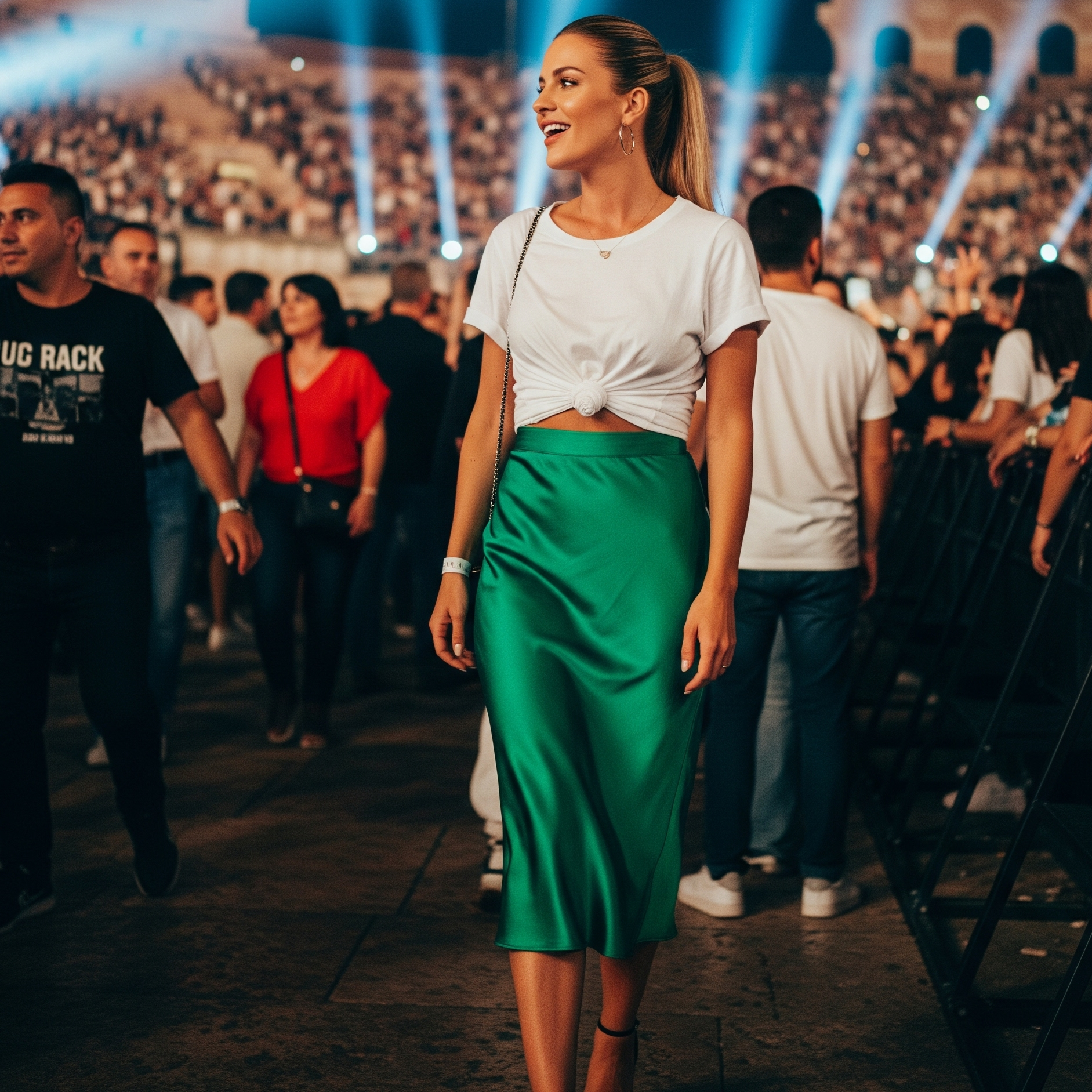 Una ragazza bionda con la coda di cavallo indossa una gonna midi in raso verde e una t-shirt bianca annodata, mentre cammina a un concerto serale all'Arena di Verona.

