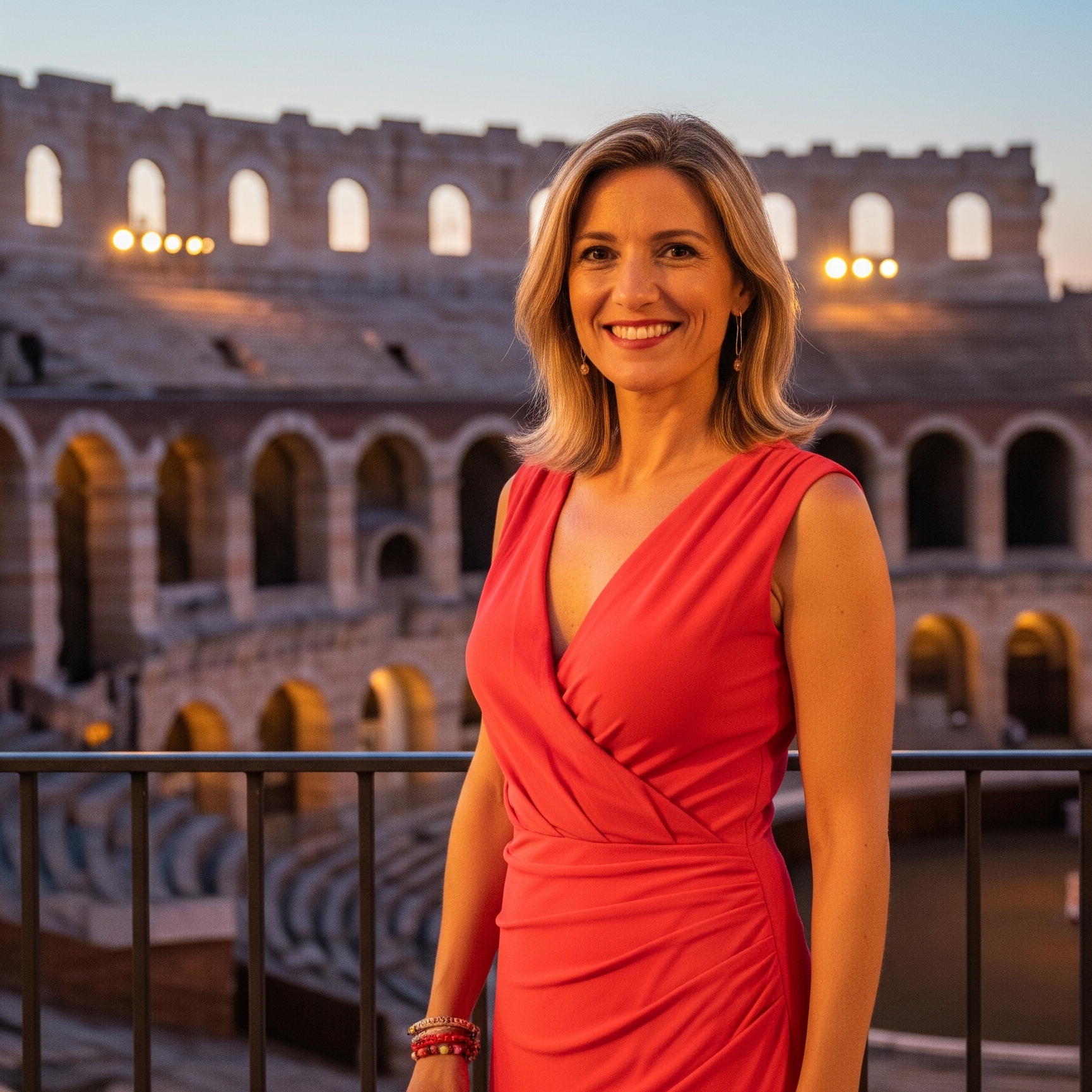 Donna bionda di 40 anni indossa un elegante abito rosso corallo, in posa per un evento serale con l'Arena di Verona illuminata sullo sfondo.

