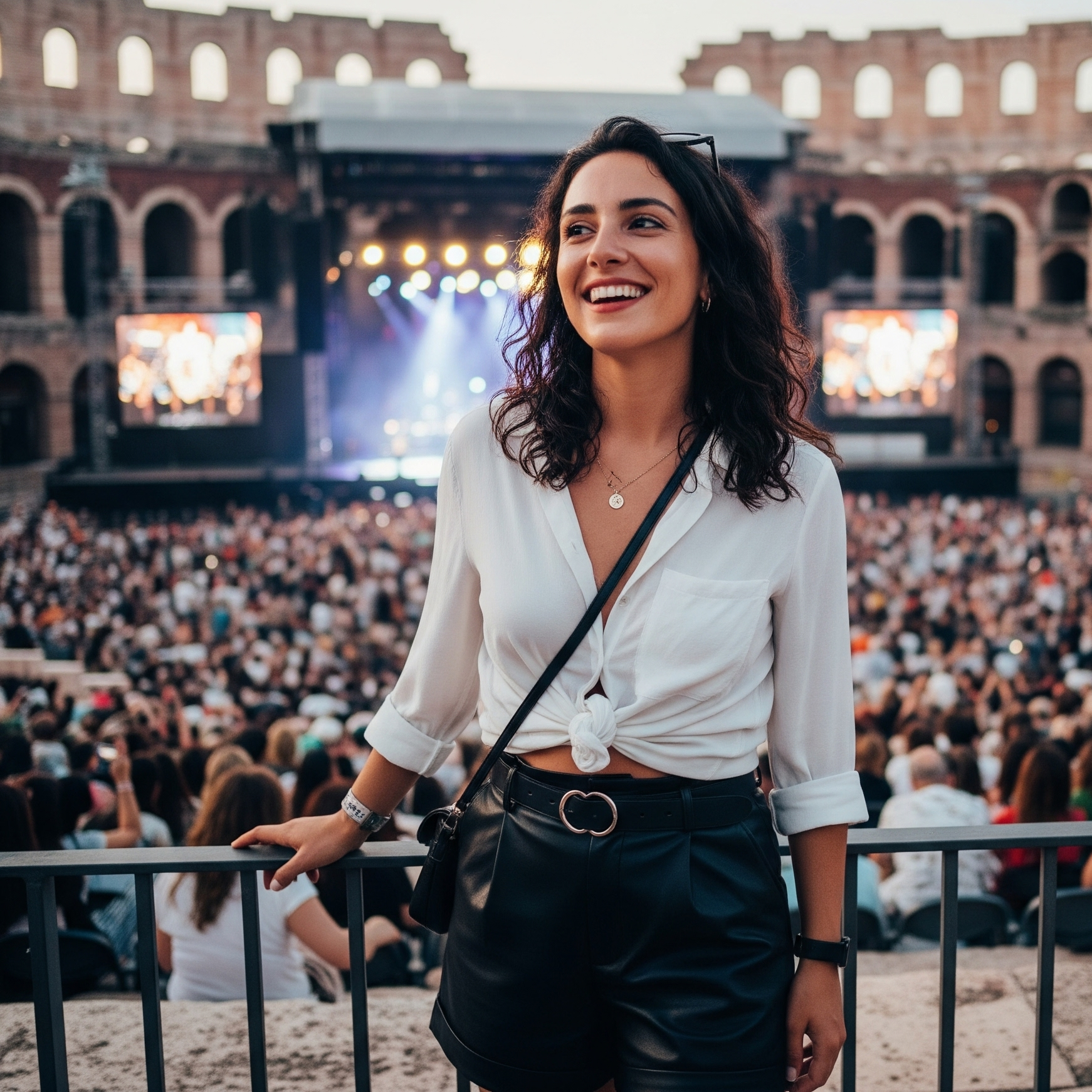 Una ragazza in posa davanti all'Arena di Verona al tramonto. Indossa shorts neri in pelle, una camicia bianca annodata sul davanti che lascia scoperta la pancia, e sneakers bianche. Ha lunghi capelli scuri e mossi e porta una piccola borsa nera a tracolla.

