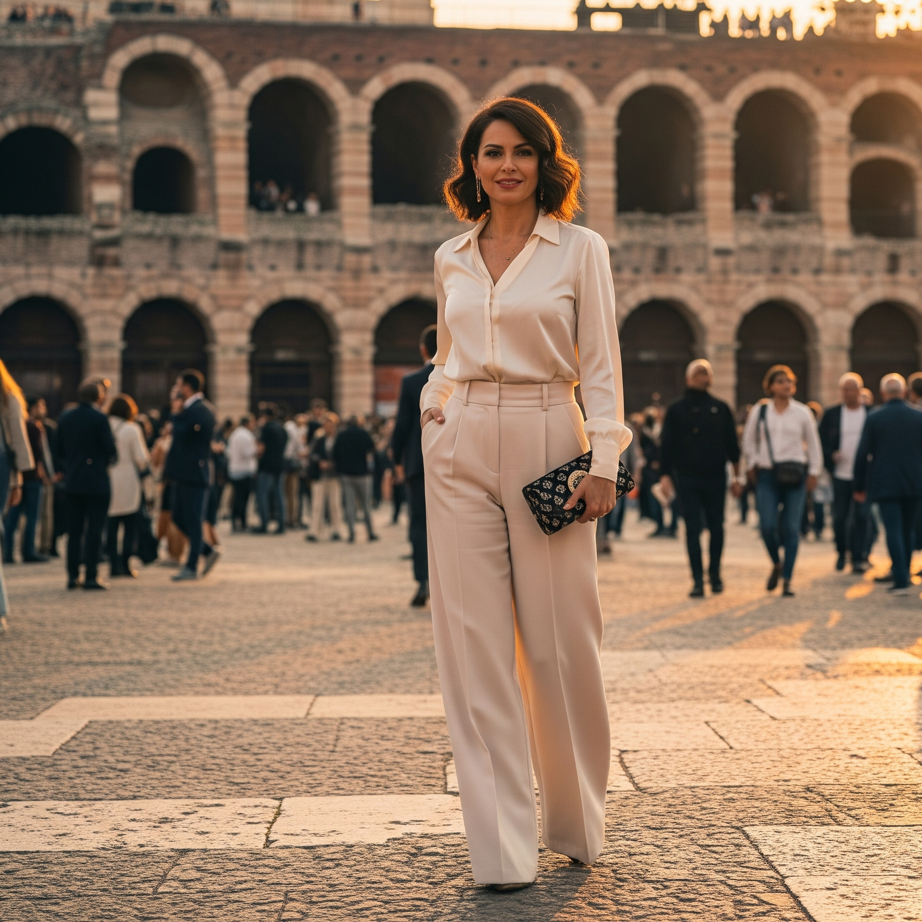 Donna elegante con pantaloni palazzo color crema e una blusa di seta abbinata, mentre cammina con l'Arena di Verona illuminata al tramonto sullo sfondo.

