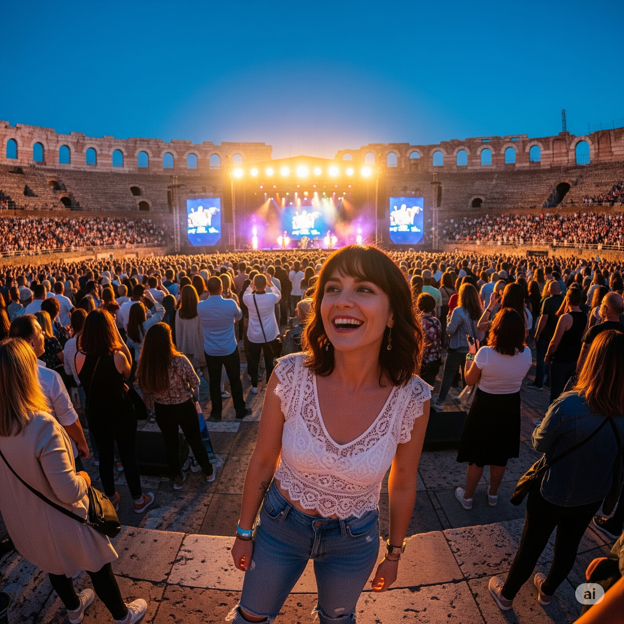 Una ragazza sorridente con jeans e top in pizzo bianco si gode un concerto serale all'Arena di Verona, con il palco illuminato e la folla sullo sfondo.

