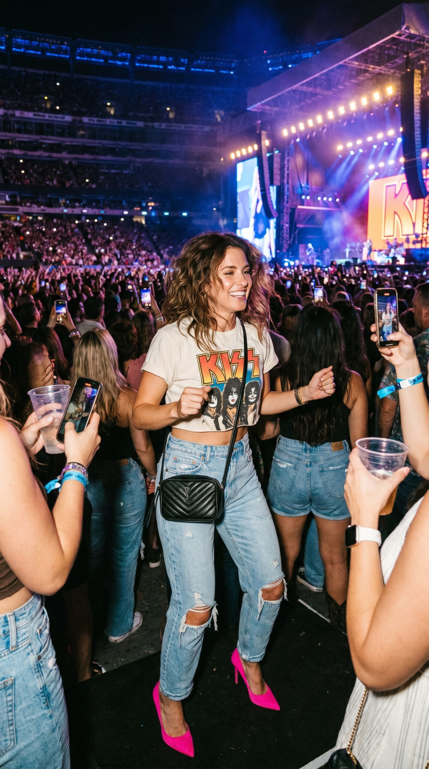 Ragazza a un concerto rock con maglietta vintage dei Kiss, jeans chiari strappati, borsa a tracolla nera e décolleté fucsia.