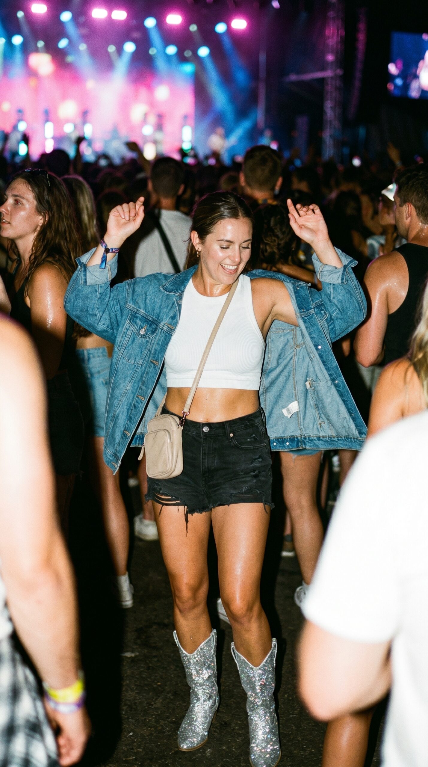 Donna sorridente a un festival con giacca di jeans oversize, crop top bianco, shorts neri strappati e stivali texani argento glitterati.