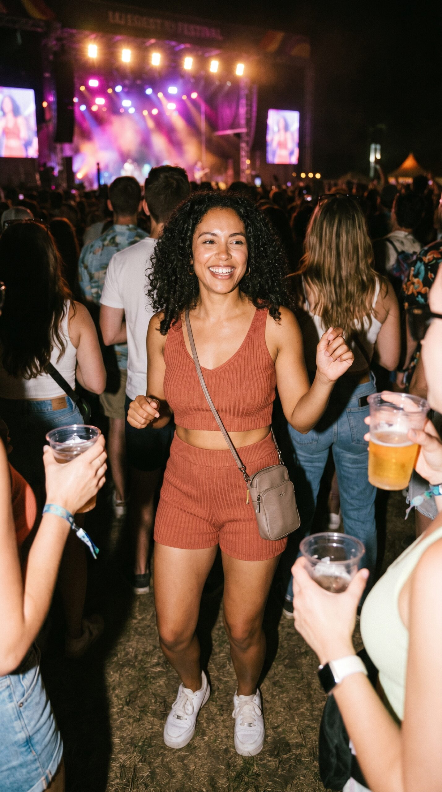 Ragazza sorridente che balla al concerto con un completo coordinato color ruggine composto da canotta e pantaloncini in maglia, tracolla grigia e sneakers bianche.