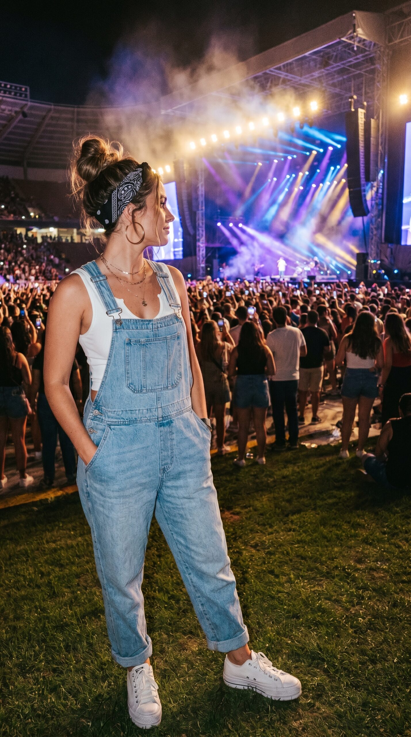 Ragazza a un concerto all'aperto di sera indossa salopette in jeans chiaro, canotta bianca, bandana nera nei capelli e sneakers bianche basse.