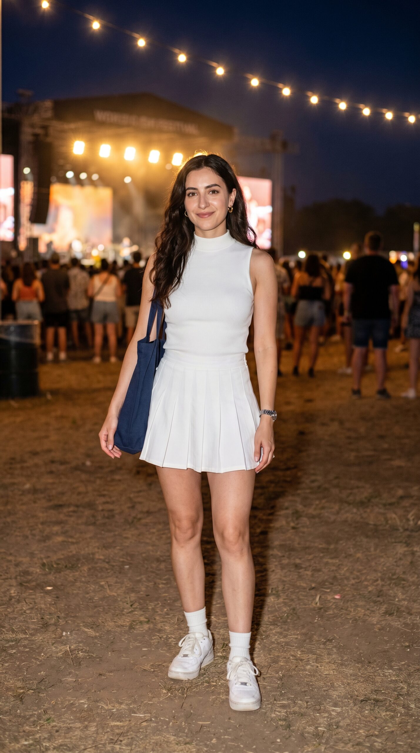 Ragazza a un festival musicale con un look total white composto da top a collo alto senza maniche, gonna a pieghe e sneakers bianche.
