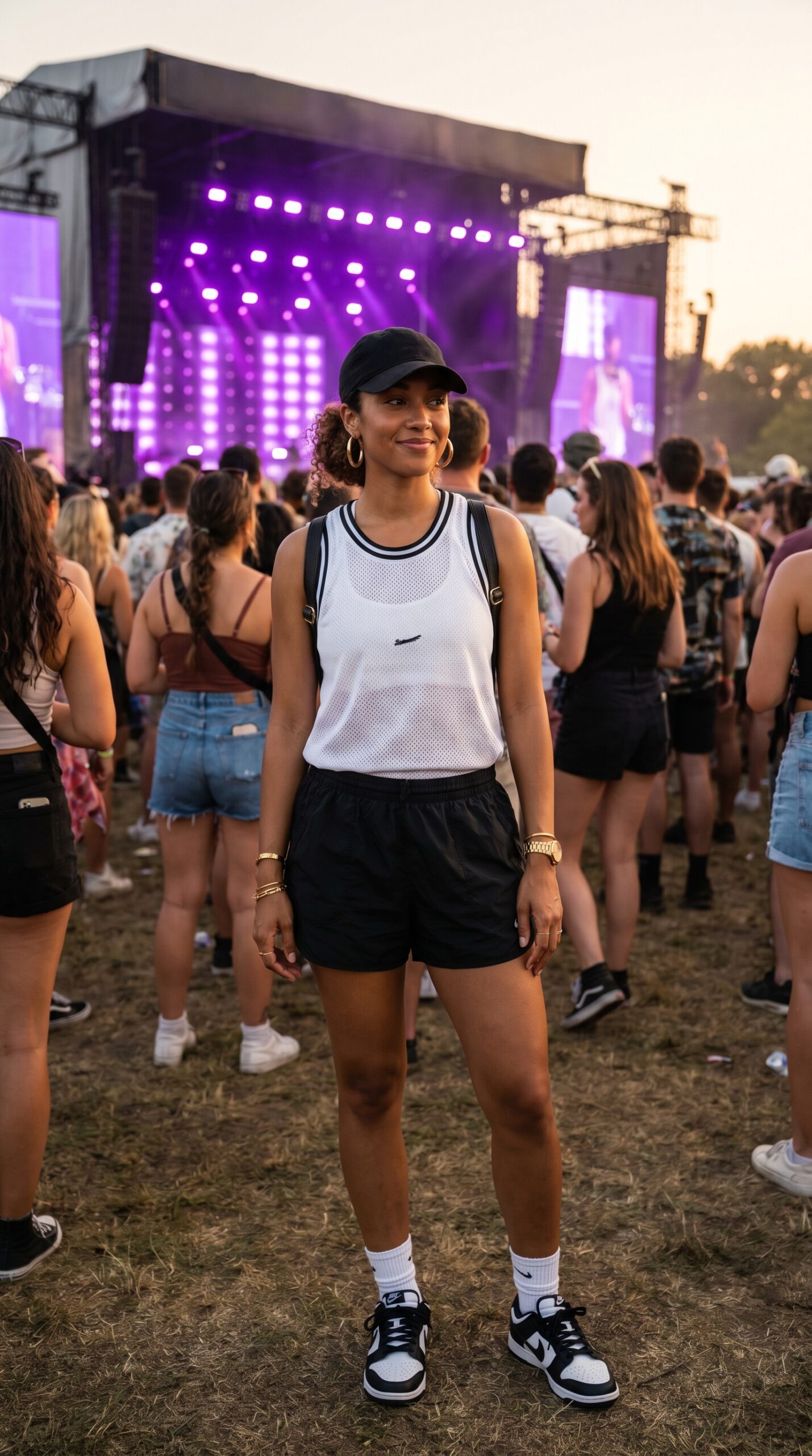 Look sportivo per concerto estivo con canotta traforata bianca stile basket, shorts neri leggeri, cappellino con visiera e sneakers bianche e nere.