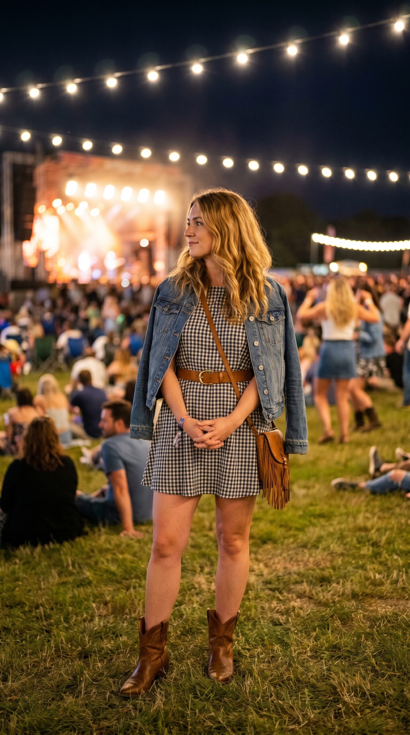 Ragazza a un concerto al tramonto indossa un vestitino a quadretti, giacca di jeans sulle spalle, cintura in vita e stivali texani in pelle.
