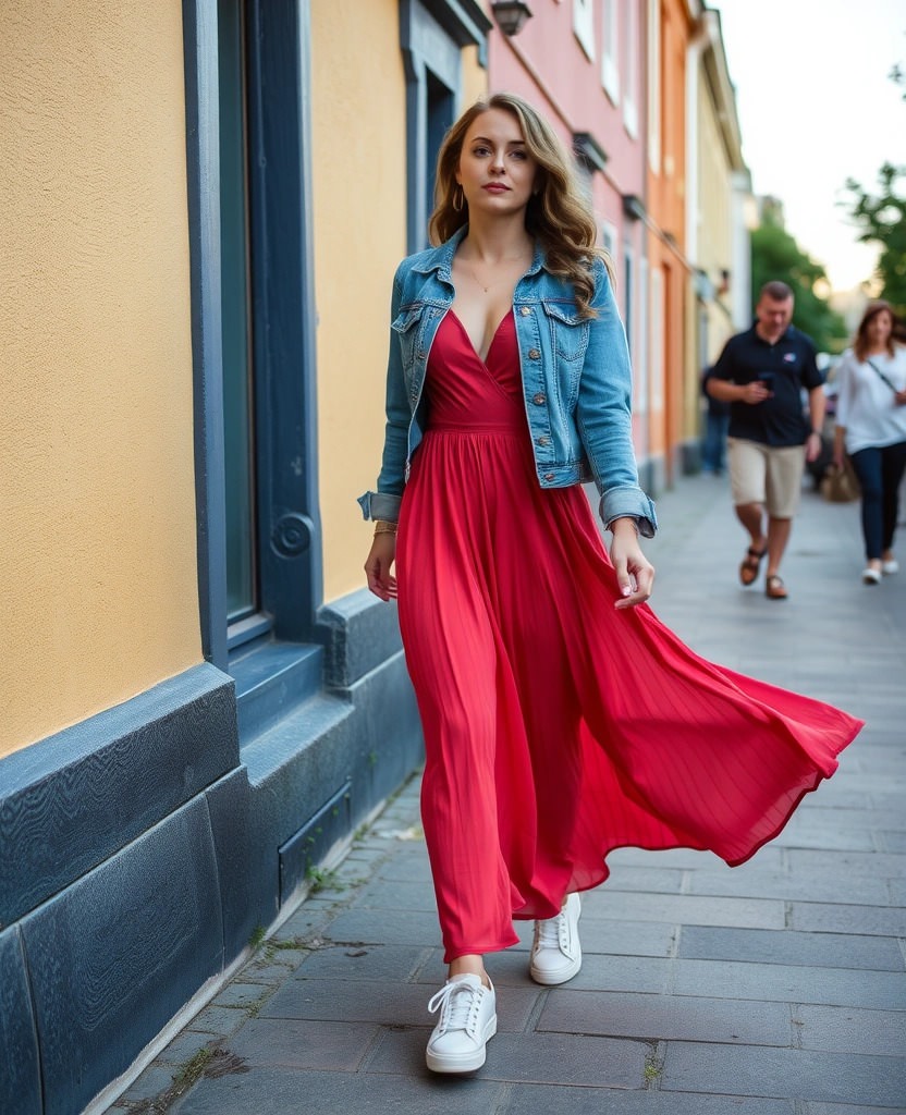 Donna con abito lungo rosso e giacca di jeans a Copenaghen in estate. Come vestirsi a Copenaghen con stile fresco e casual.