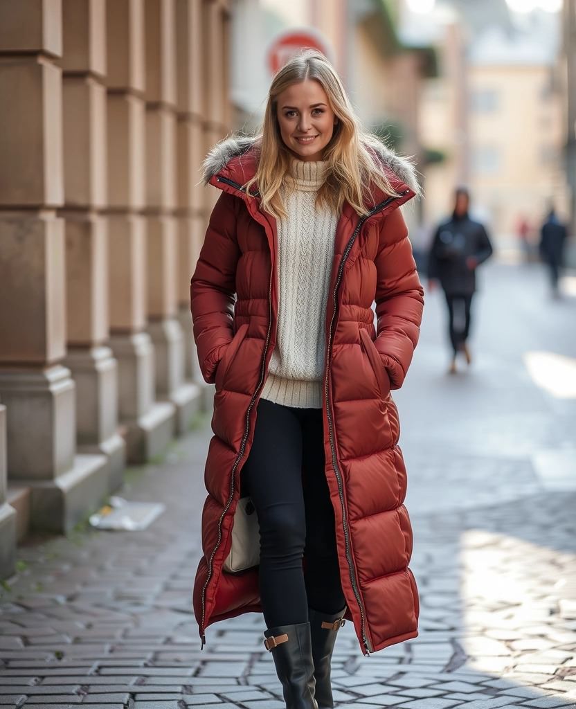 Outfit perfetto per l'inverno a Copenaghen: piumino rosso, maglione bianco e stivali alti. Come vestirsi a Copenaghen per un inverno alla moda.