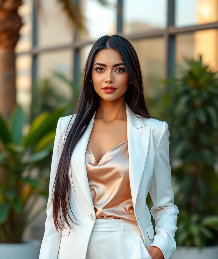 Sotto un tailleur bianco, una camicia in tessuto leggero dona un’eleganza discreta e senza tempo, perfetta per un look professionale e raffinato