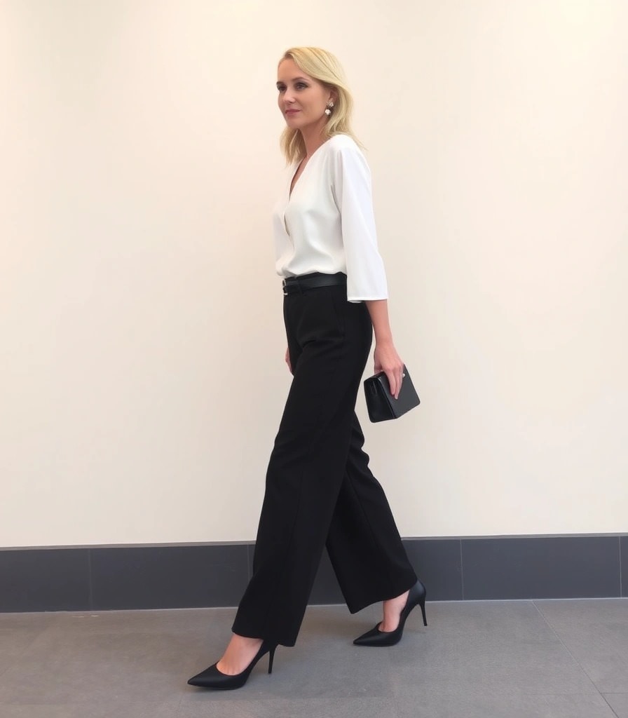 Donna che indossa pantaloni palazzo neri con camicia di seta bianca, décolleté nere e clutch, perfetta per vestirsi formale con uno stile essenziale e sofisticato.