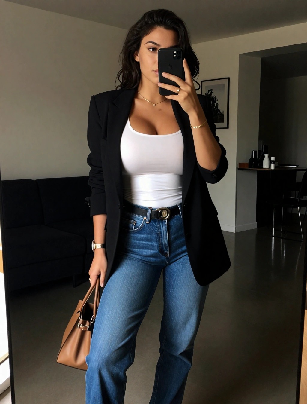 Donna con blazer nero, top bianco e jeans dritti, outfit casual elegante con borsa in pelle cammello