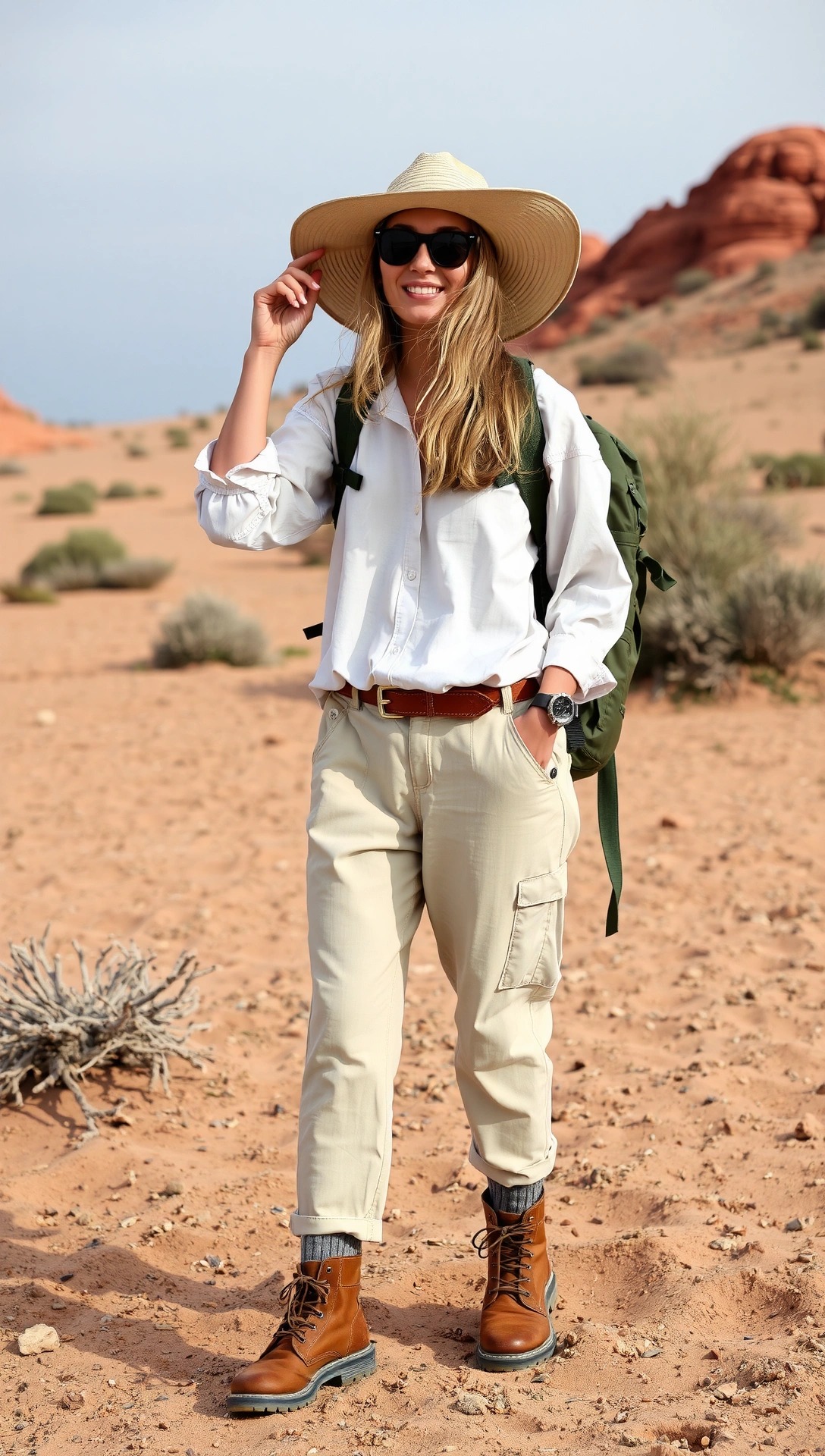 Donna con un outfit classico da esploratrice per il deserto, con cappello a tesa larga, camicia bianca, pantaloni cargo beige e scarponcini da trekking.