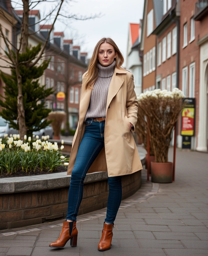 Donna con trench beige e maglione a collo alto in una strada di Copenaghen in primavera. Come vestirsi a Copenaghen con stile minimal e pratico.