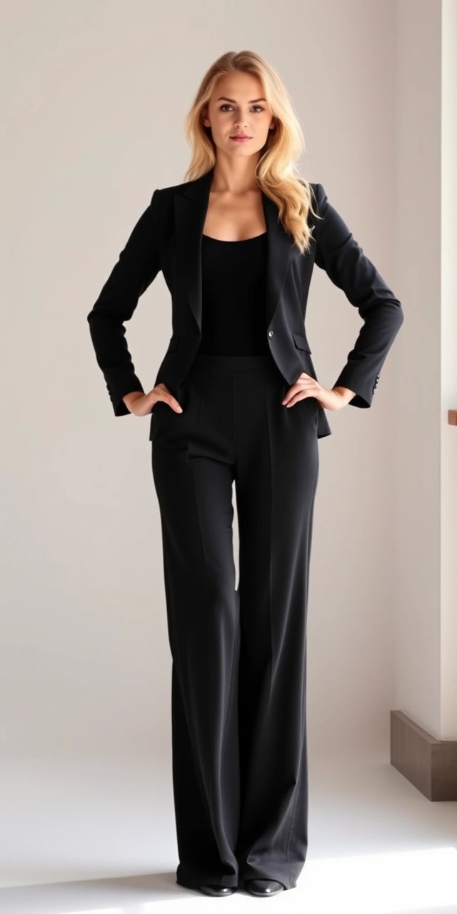 Come vestirsi al primo appuntamento con un ragazzo 8 Come vestirsi al primo appuntamento donna in modo sofisticato – completo nero sartoriale e top minimal per un outfit primo appuntamento donna sobrio ma di impatto