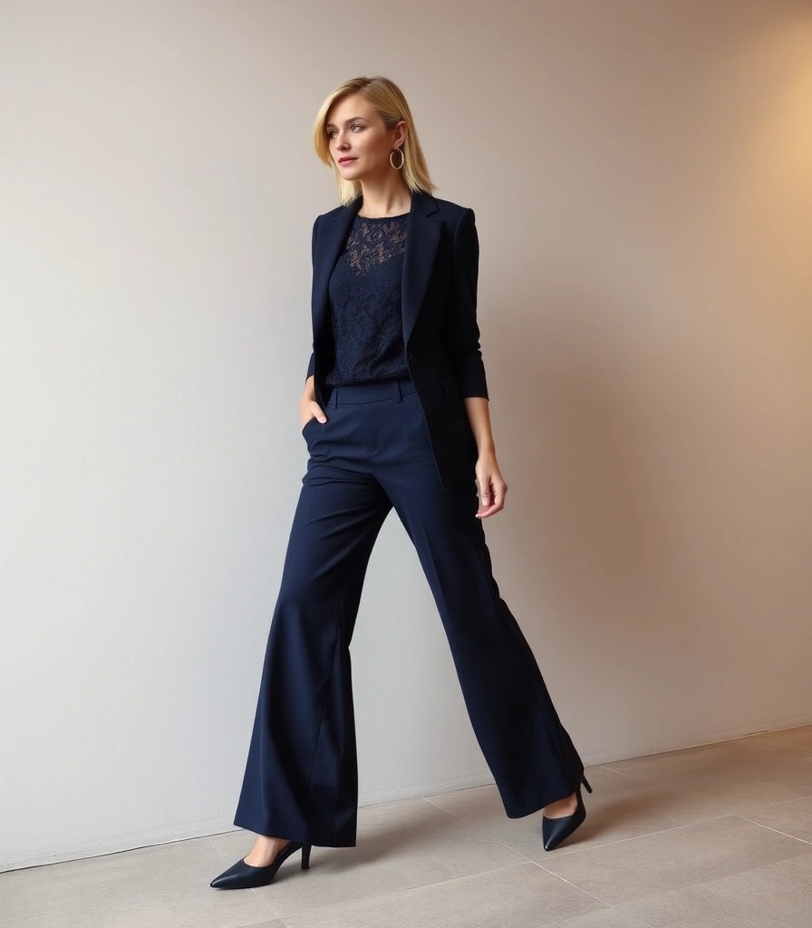 Donna in pantaloni palazzo navy con blazer abbinato e top in pizzo, un’ottima scelta per vestirsi formale con un tocco raffinato.