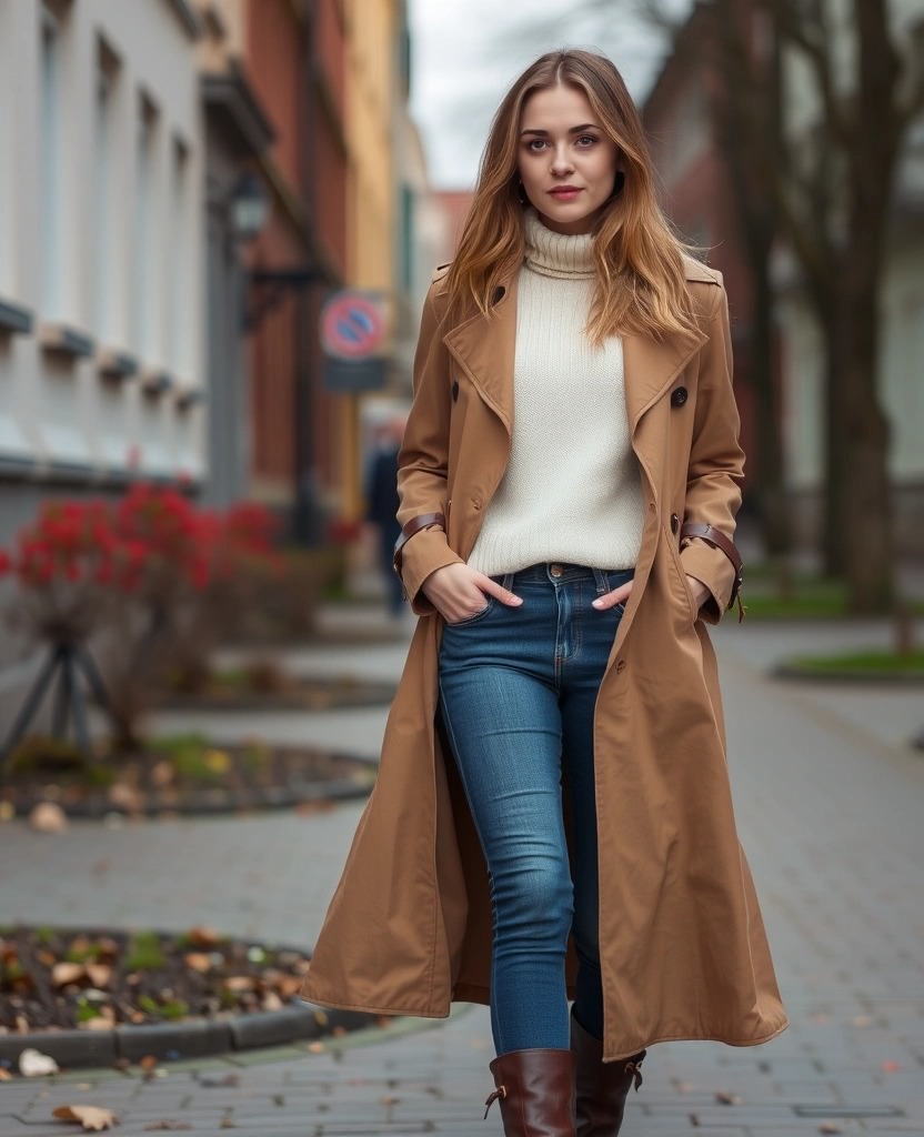 Look primaverile a Copenaghen: donna con trench lungo, jeans e maglione chiaro. Idee su come vestirsi a Copenaghen per un clima variabile.