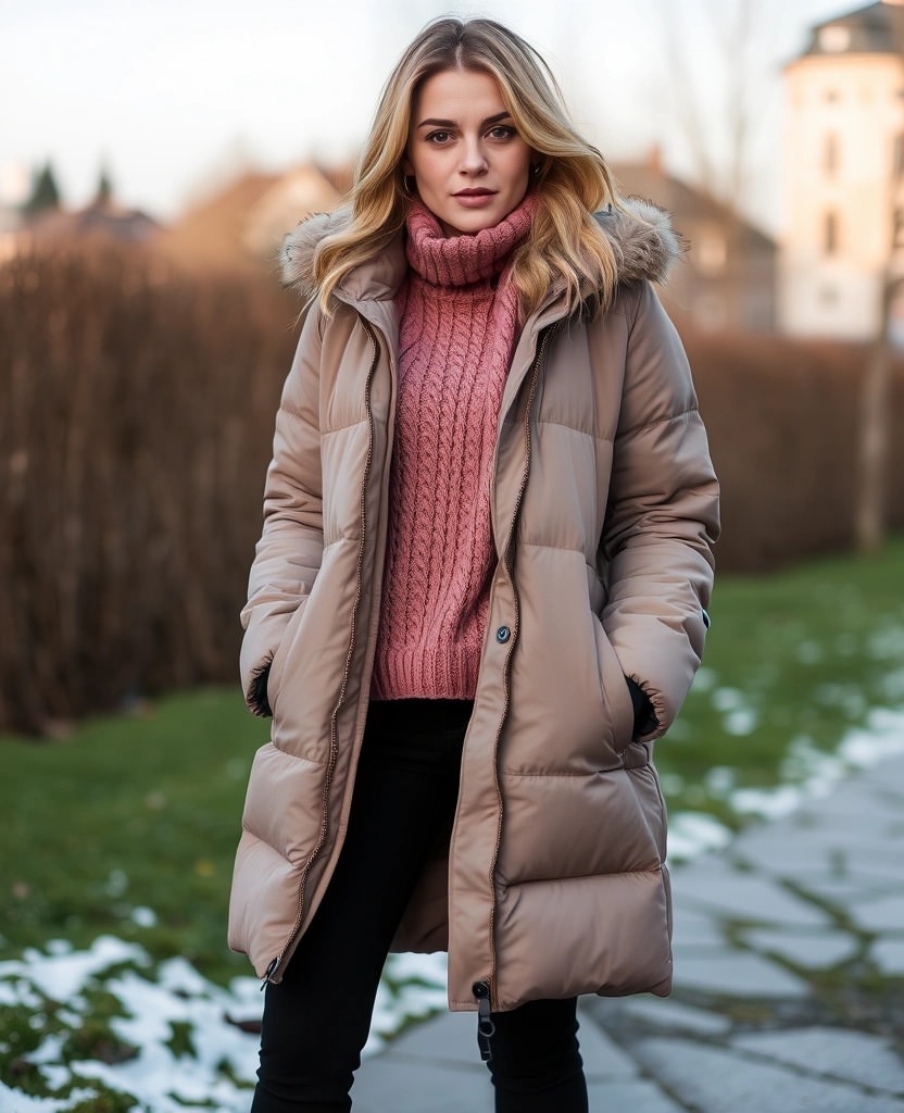 Donna con piumino beige e maglione rosa in una giornata invernale a Copenaghen. Consigli su come vestirsi a Copenaghen con comfort e stile.