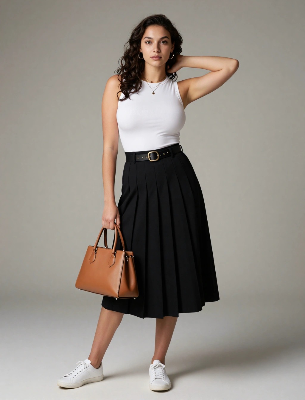 Donna con top bianco, gonna midi nera plissettata e sneakers bianche, esempio di look casual chic femminile