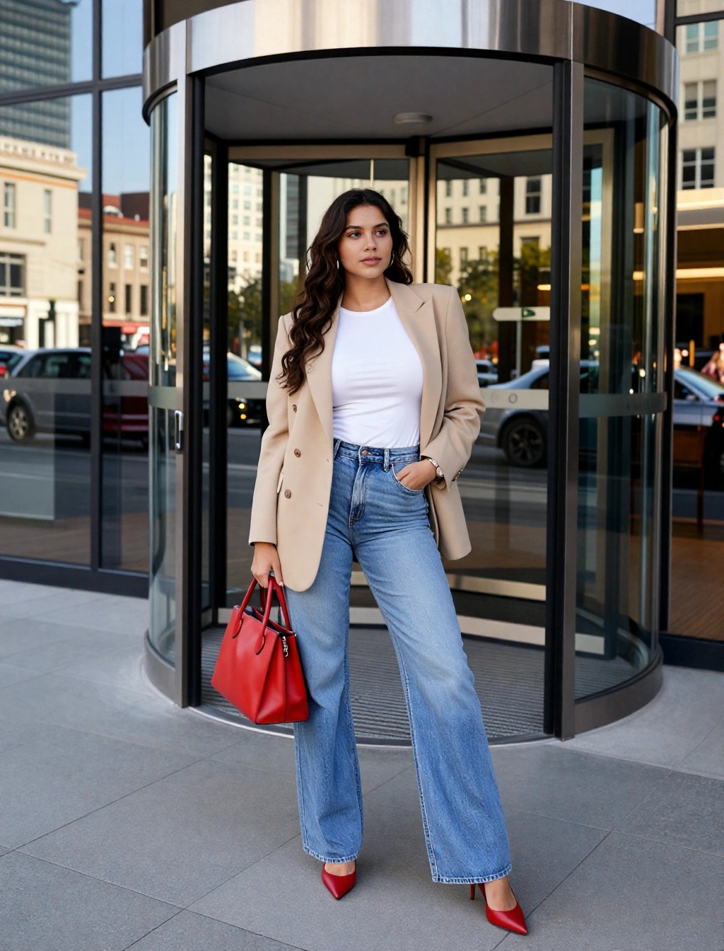 Donna con blazer beige, t-shirt bianca, jeans a gamba larga e accessori rossi, outfit casual elegante in città
