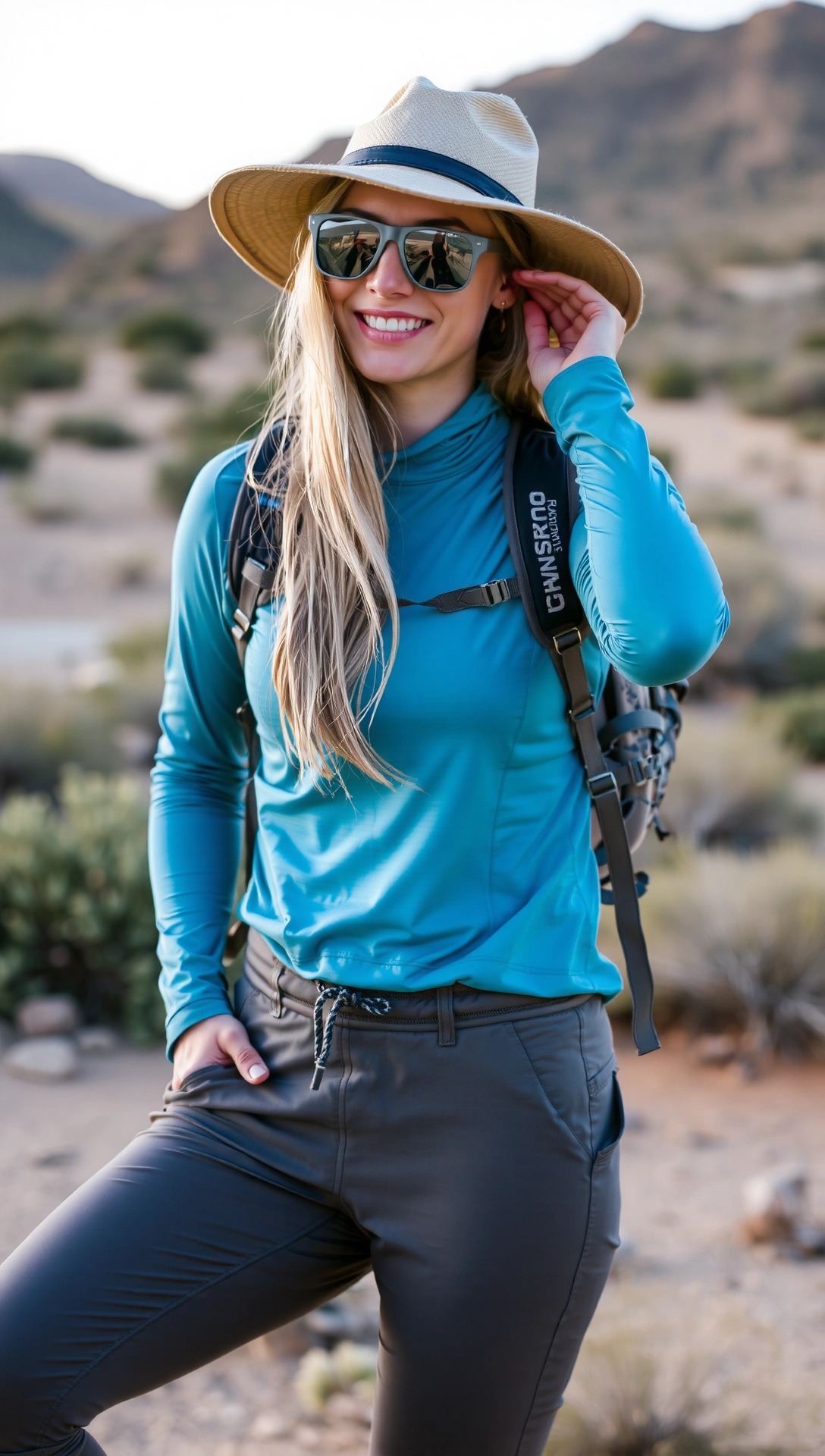 Donna sorridente con abbigliamento tecnico per un'escursione nel deserto, indossa una maglia blu a maniche lunghe, cappello e occhiali da sole.
