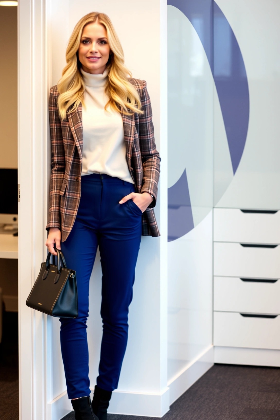 Come abbinare i pantaloni blu 6 Donna con outfit da ufficio elegante composto da pantaloni blu aderenti, dolcevita color panna, blazer a quadri marrone e borsa nera strutturata – look formale e moderno con pantalone blu.