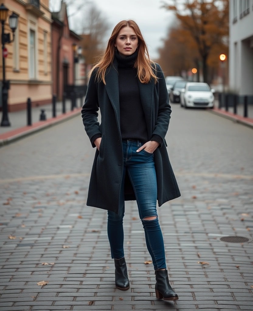 Look autunnale a Copenaghen: cappotto scuro, maglione a collo alto e jeans skinny. Idee su come vestirsi a Copenaghen con eleganza e praticità.