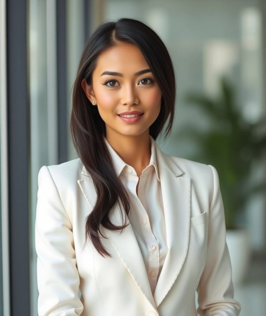 Sotto un tailleur bianco, un top in seta color champagne aggiunge un tocco di luminosità e sensualità, trasformando l’outfit in un mix perfetto di eleganza e modernità