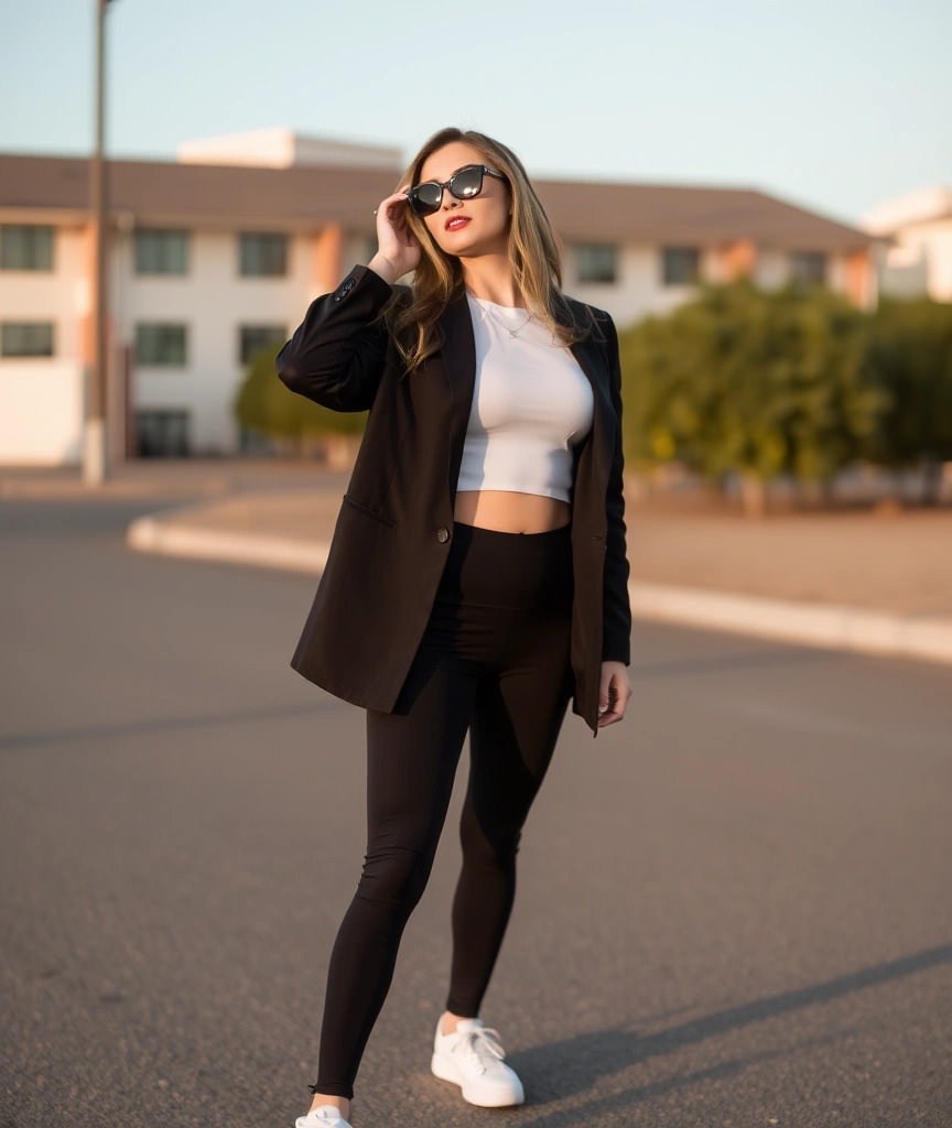 Donna con look athleisure elegante in bianco e nero, indossando leggings neri, crop top bianco, blazer oversize nero e sneakers bianche, un mix perfetto tra sportivo e sofisticato