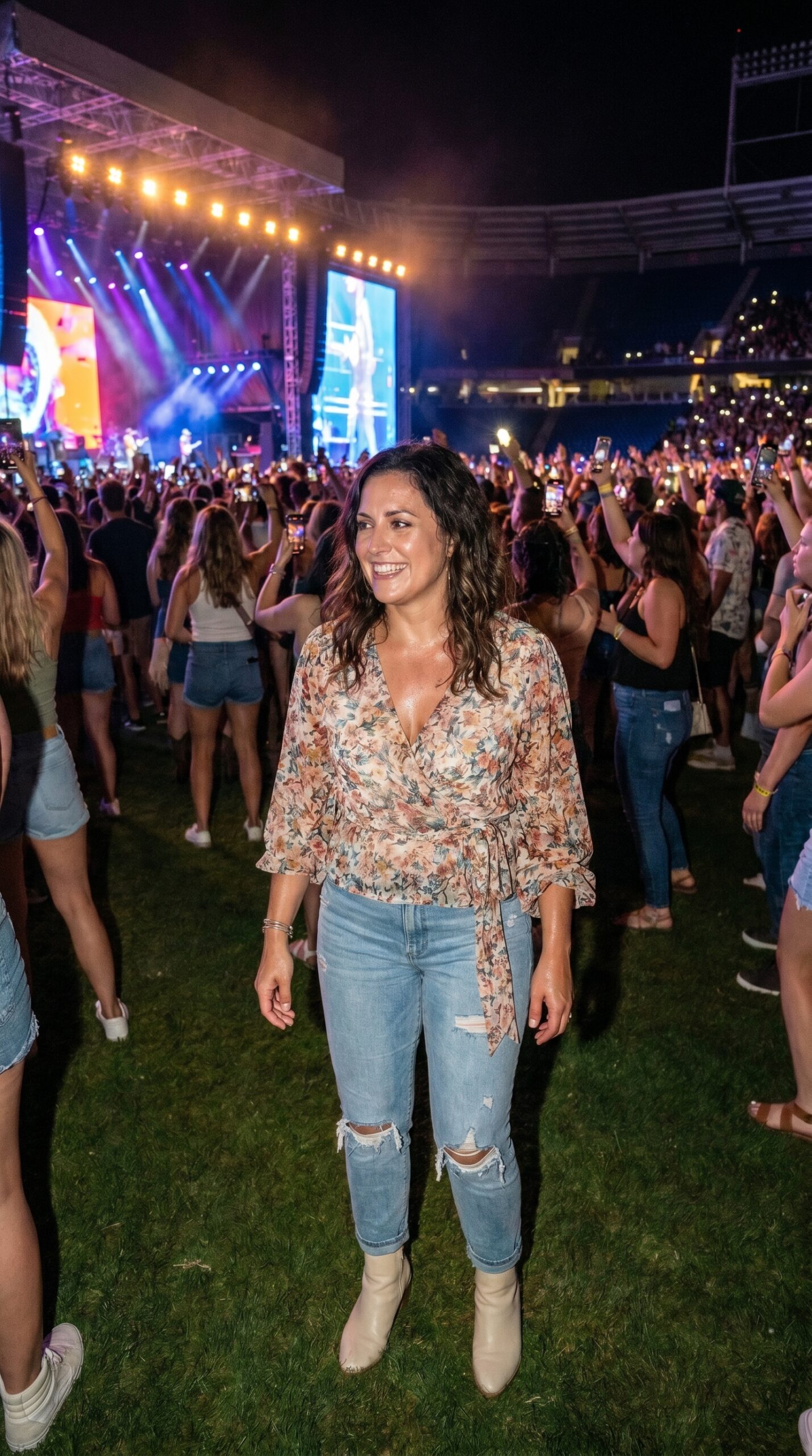 Donna sorridente a un concerto con una blusa incrociata a portafoglio a fantasia floreale estiva, jeans strappati chiari e stivaletti beige alla caviglia.
