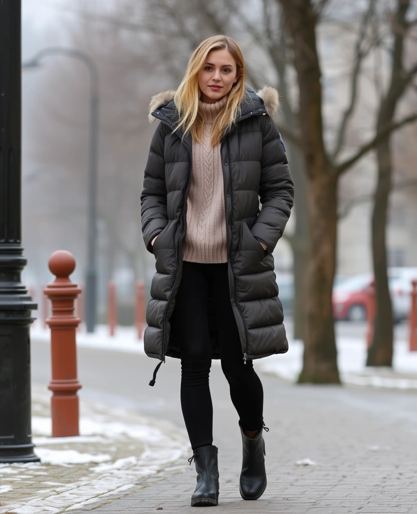 Donna con piumino lungo nero, maglione beige e stivaletti a Copenaghen in inverno. Come vestirsi a Copenaghen per affrontare il freddo con stile.