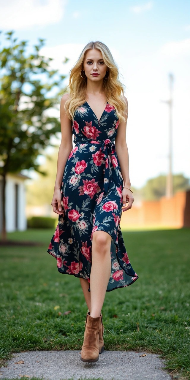 Come vestirsi al primo appuntamento con un ragazzo 4 Outfit primo appuntamento donna romantico con abito floreale e stivaletti – ispirazione per come vestirsi al primo appuntamento donna in primavera