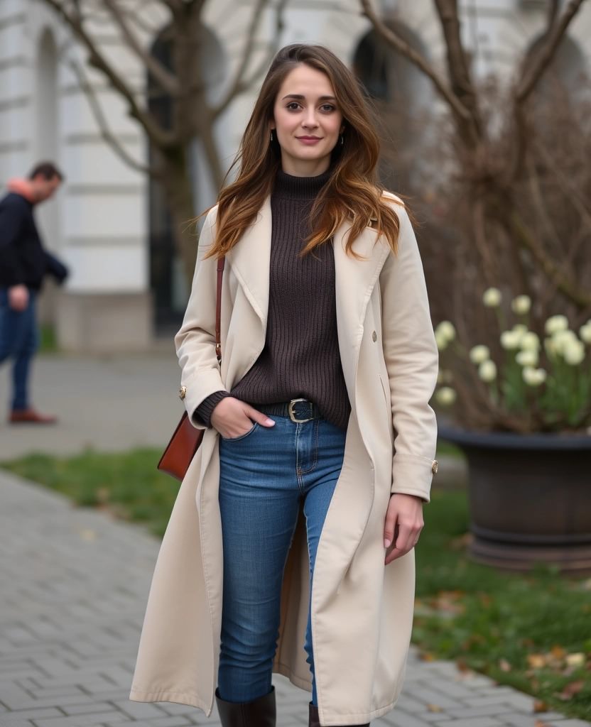 Outfit perfetto per la primavera a Copenaghen: trench chiaro, maglione scuro e jeans. Guida su come vestirsi a Copenaghen con eleganza e comfort.