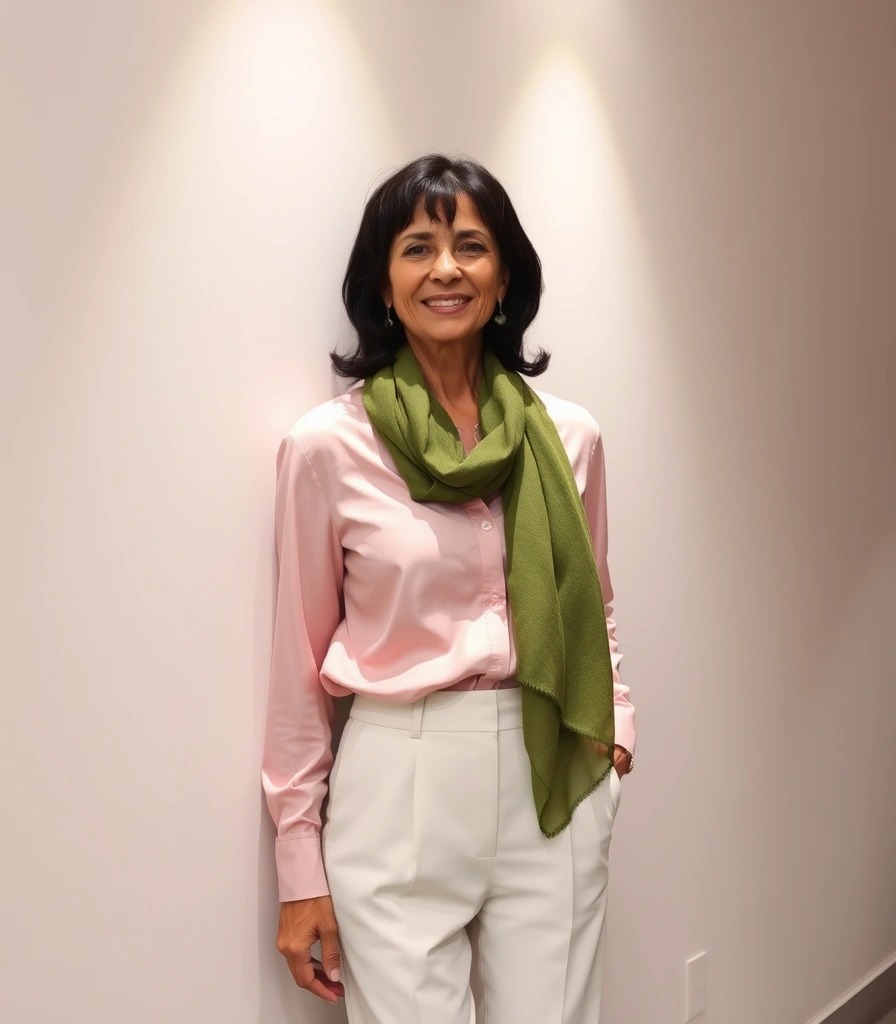 Come Vestirsi a 60 Anni per Sembrare Più Giovani 2 Donna di 60 anni che indossa una blusa rosa cipria con un foulard verde salvia e pantaloni bianchi a vita alta, in posa davanti a una parete chiara