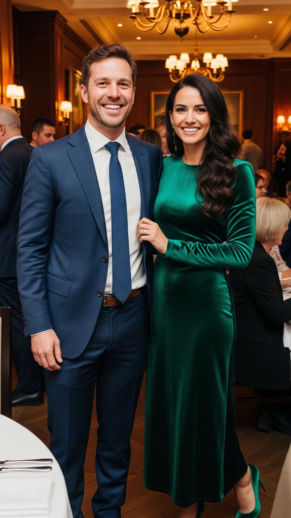 Una coppia elegantemente vestita sorride durante un ricevimento di matrimonio in un ristorante raffinato. L'uomo indossa un abito blu scuro con camicia bianca e cravatta, mentre la donna sfoggia un vestito di velluto verde smeraldo con décolleté abbinate. Lo sfondo mostra altri invitati, creando un'atmosfera calda e accogliente, ideale per un matrimonio autunnale a ottobre.